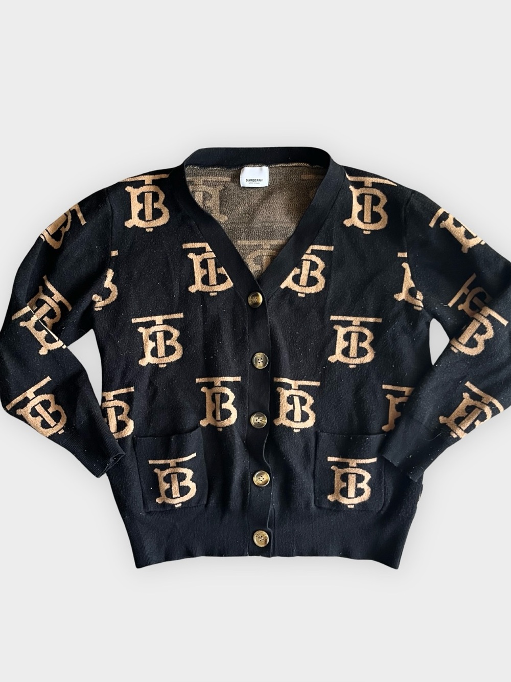 Burberry TB Monogram Cardigan Black Camel Logo Knit Quiet Luxury